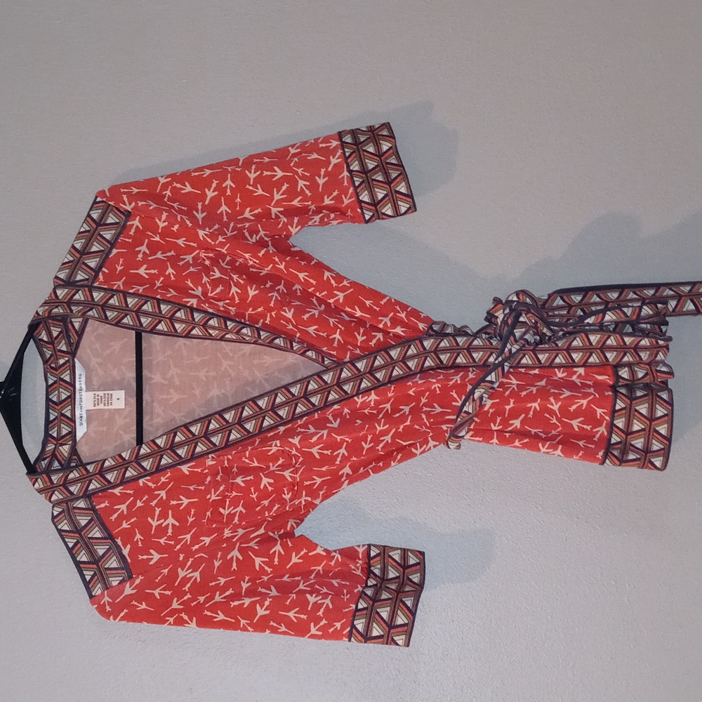 Diane Von Furstenberg Silk Red Wrap Blouse Birds 4
